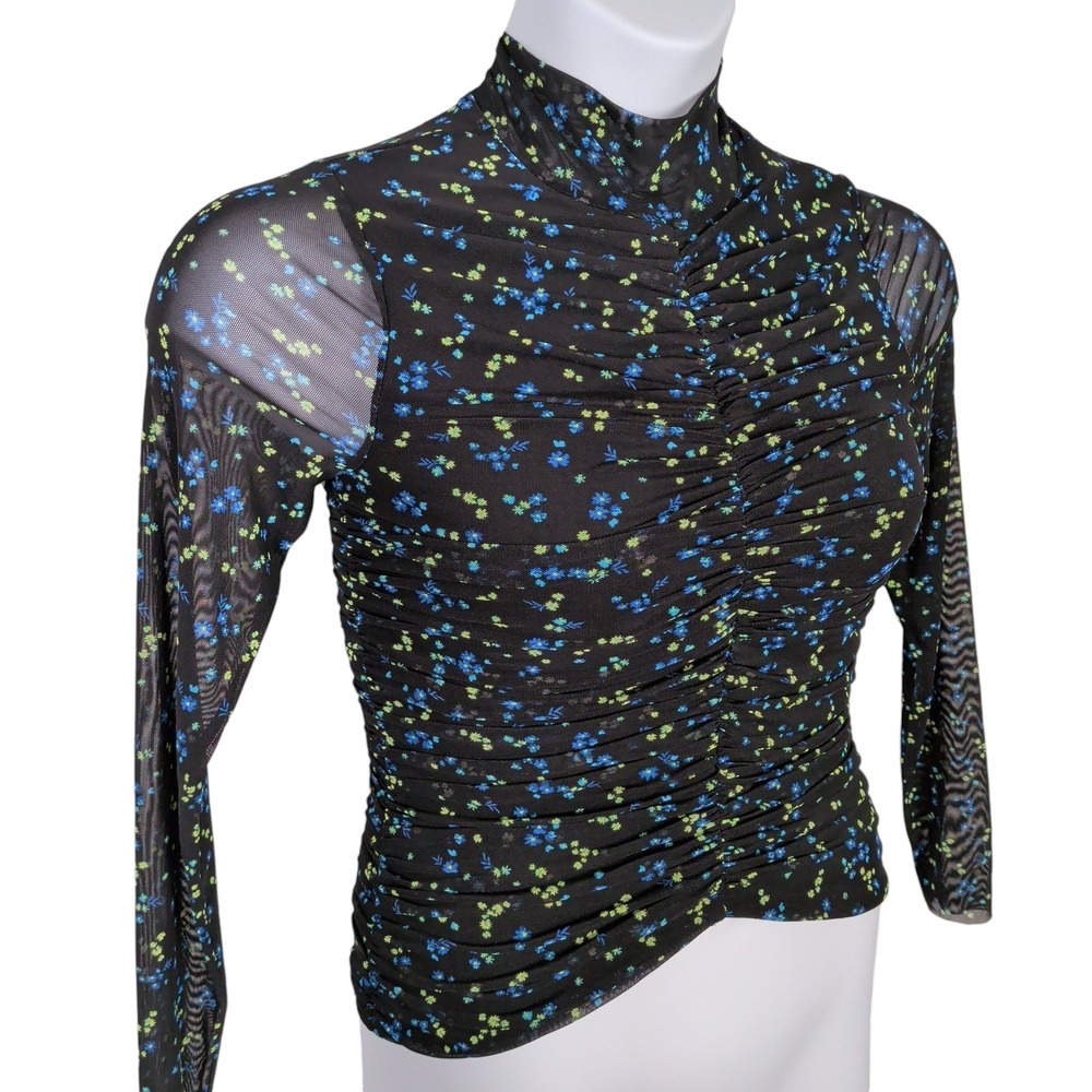 Bloomcore Floral Mesh Scrunch Blouse Size‎ Small Black Long Sleeve